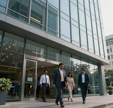 Daytime exterior shot of a modern glass-walled commercial building in Bangalore's business district. The glass has muted steel blue reflections. Professional South Asian / Indian individuals are entering the building, conveying a sense of corporate prestige.