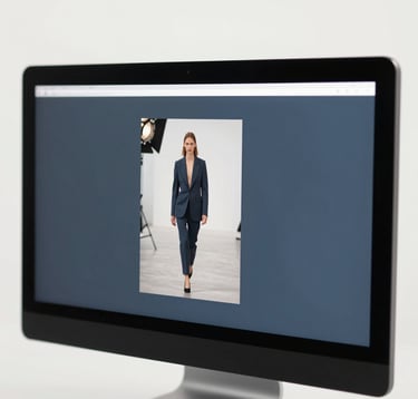 A detailed, cinematic close-up of a professional director's monitor showing a crisp, high-resolution frame of a fashion shoot. The reflection of a studio light is visible on the glass. The aesthetic is clean and modern, incorporating brand colors like slate blue (#4A616F) and off-white (#F2F5F7). Refined elegance and technical mastery.