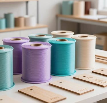 A beautiful display of environmentally-friendly materials in a bright Portuguese design studio. Biodegradable 3D printing spools in pastel lilac and turquoise, FSC-certified creative paper, and natural wooden blanks for laser engraving, soft diffused studio light, high-end lifestyle photography.