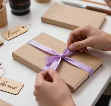 Close-up of skilled hands in a Western European workshop carefully wrapping a personalized notebook with a pastel lilac ribbon. Sustainable kraft paper packaging on a clean workspace, surrounded by custom-cut wooden tags, warm natural lighting, creative and warm mood.