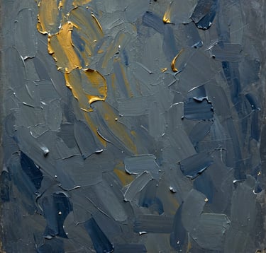 A detailed close-up photograph focusing on the rich impasto texture of an oil painting. The palette features deep muted blue-grey and touches of warm gold. The lighting is directional, creating subtle shadows that emphasize the thickness of the paint. Professional studio setting in an international art environment.