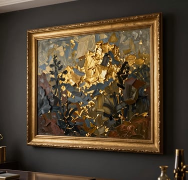 A close-up photograph of a stunning oil painting with rich textures and gold leaf details hanging on a dark, charcoal-colored wall in a luxury home office. The lighting is focused and warm, creating a prestigious atmosphere, North American / International style.