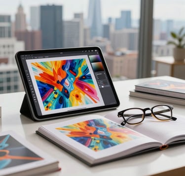 A sophisticated lifestyle photograph of an art critic's desk featuring a modern tablet displaying vibrant digital art, high-end art journals, and a pair of designer glasses. The setting is a bright, airy studio with a North American city skyline visible in the soft-focus background.