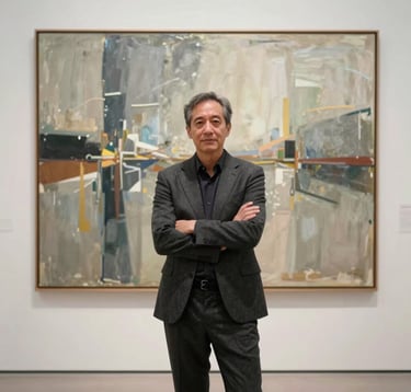 A professional portrait of a gallery director standing confidently in front of a large-scale abstract painting. They are dressed in sophisticated charcoal attire, with bright, clean museum lighting.