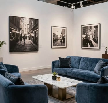 A medium shot of an elegant lounge area within an art fair in a North American city. Modern velvet furniture in muted blue, a low marble table, and large-scale photographic art on the walls. The scene represents refined elegance and intellectual curiosity.