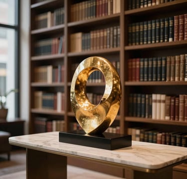 A high-end interior photography shot of a private collector's home library in a North American city. An elegant sculpture in warm gold sits on a minimalist console. The lighting is soft and intellectual, highlighting the prestigious and refined atmosphere of a serious art collection.