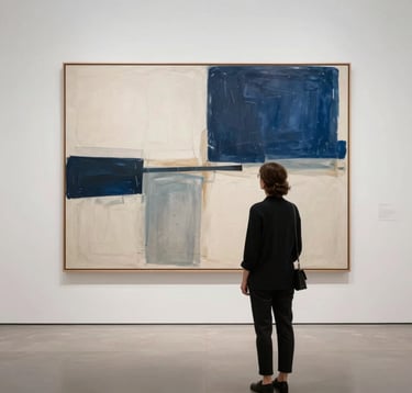 A photography shot of an elegant person viewed from behind, standing in a brightly lit, minimalist gallery space in a major international city. They are contemplating a large-scale abstract painting. The composition is clean and modern, with a palette of cream and deep navy blue.
