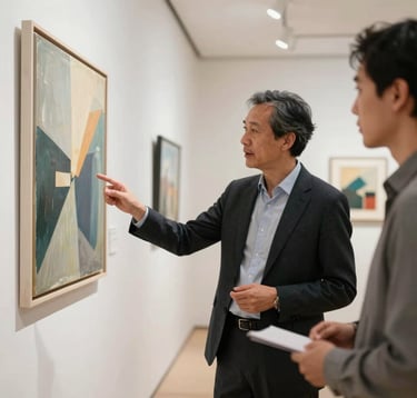 A refined art curator in elegant professional attire gesturing toward a modern painting while talking to a client in a bright, airy gallery space. The interaction is focused and professional, set in a contemporary North American gallery.