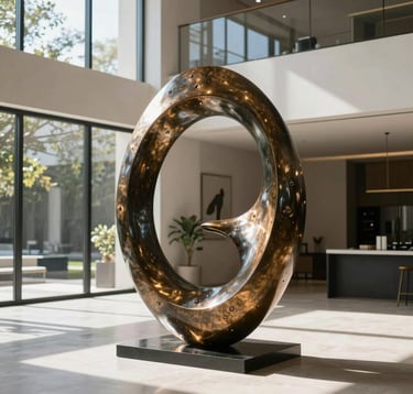 A sleek, contemporary bronze sculpture positioned in a sun-drenched atrium of a modern architectural home. The photography highlights the interplay of light and shadow on the metallic surface, conveying a sense of luxury and intellectual depth, North American setting.