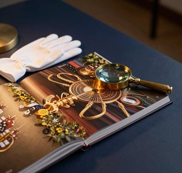 A detailed close-up photograph of a professional art curator’s desk. On the desk lies a high-end art catalog, a pair of white handling gloves, and a brass loupe. The lighting is warm and focused, highlighting the gold and deep navy accents in the room. International professional setting.