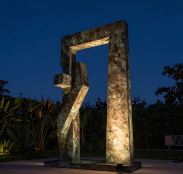 A high-contrast photograph of a sculpture in a garden setting at twilight. The sculpture is a modern bronze piece, illuminated by warm spotlight against a deep navy blue sky. Clean lines and a sophisticated atmosphere. North American / International location.