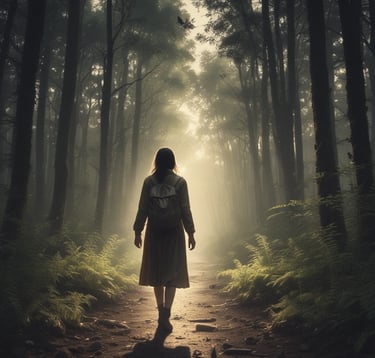 a woman walking down a path in a forest