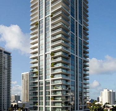 Architectural shot of a contemporary residential skyscraper in Downtown Miami, with unique glass terraces and emerald green landscape elements under a bright blue sky.