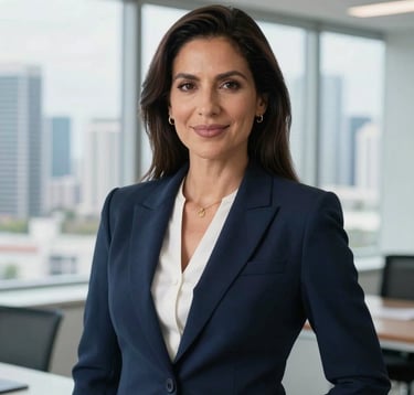Professional portrait of a female real estate advisor, South American / Latino, wearing a sophisticated navy blazer, standing in a bright modern office with a blurred Miami skyline backdrop, confident and expert demeanor.