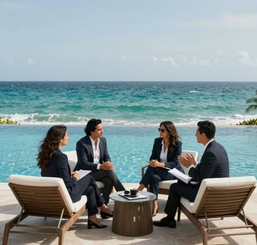 A stunning infinity pool overlooking the turquoise ocean in Sunny Isles Beach, with elegant lounge chairs and South American / Latino investors discussing business in sophisticated attire.