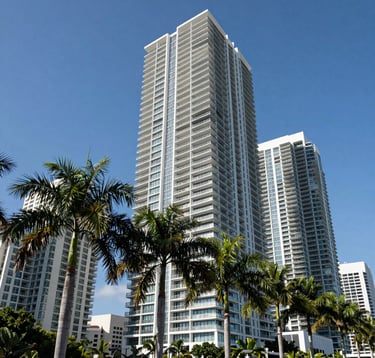 Daytime shot of sleek, contemporary high-rise architecture in Downtown Miami, clear blue sky, lush tropical palm trees in the foreground, sharp focus, professional real estate photography.