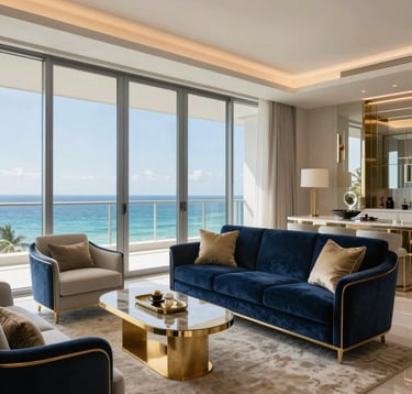 A bright, modern luxury apartment interior in Miami, floor-to-ceiling windows showing a view of the Atlantic Ocean, elegant furniture with navy blue and champagne gold accents, South American / Latino luxury aesthetic.
