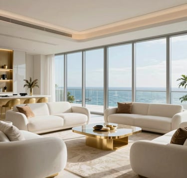 Interior view of a luxury modern living room in a Miami high-rise, floor-to-ceiling windows overlooking the water, minimalist design with champagne gold and warm white furniture, South American / Latino high-end lifestyle, clean lines, bright and airy photography.