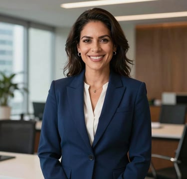 Professional portrait of a South American / Latino real estate advisor, a woman with a confident and empathetic smile, wearing a navy blue business suit, standing in a high-end Miami office.