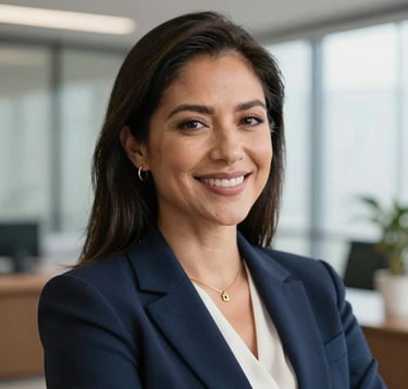 Close-up professional portrait of a South American / Latino female real estate advisor, Soraya, with a confident and empathetic smile, wearing professional business attire in navy blue, high-end office background with soft natural light, sharp focus, elegant style.