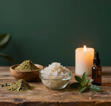 A serene treatment room setup showing natural body scrub ingredients like herbal powders and botanical oils on a rustic table in Bandung, West Java / Indonesia. Warm soft candle illumination, deep green backdrop.