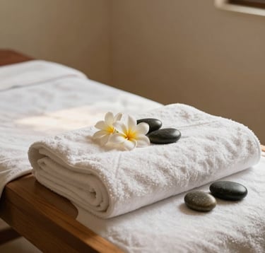 Close-up photography of a pristine massage setup in a spa treatment room in Bandung, West Java / Indonesia. A wooden treatment bed layered with off-white cotton towels, fresh tropical frangipani blossoms, and polished dark river stones, bathed in gentle warm morning light with soft beige wall tones.