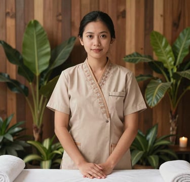 Professional portrait of a skilled spa therapist in serene modern traditional attire in Bandung, West Java, Indonesia, surrounded by lush botanical plants and warm camel brown wood accents.