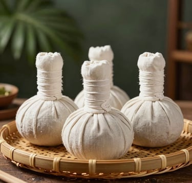 A detailed shot of traditional Indonesian herbal compress balls tied in off-white linen bags resting on a warm tan bamboo tray. Set in a serene therapy room in Bandung, West Java / Indonesia with medium forest green tropical plant shadows soft-focused in the background.
