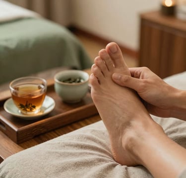 Close-up of a relaxing foot reflexology session in a calm spa room in Bandung, West Java / Indonesia. Warm wooden accents, organic herbal tea set on a tray, soft muted green and warm beige tones.