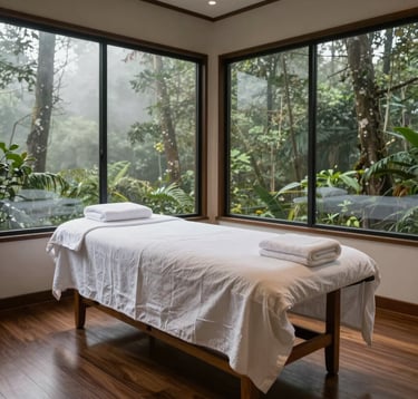 A tranquil indoor treatment room with large windows overlooking a misty forest in Bandung. The room features dark wood floors, off-white linen towels, and a single massage bed, captured in soft, organic natural lighting.