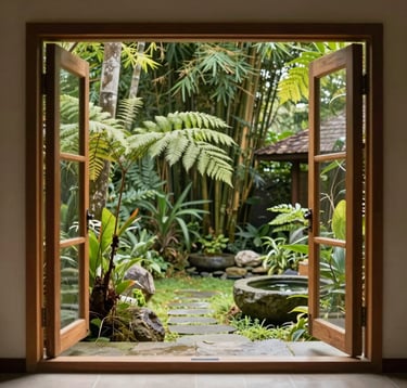 An interior perspective view looking towards an open wooden garden window at a wellness retreat in Bandung, West Java / Indonesia. Lush green tropical courtyard filled with fern leaves, bamboo trees, and calm stone water features, soft diffused sunlight pouring in.