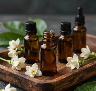 Artistic shot of essential oil bottles made of dark glass on a rustic wooden tray, decorated with jasmine flowers and pandan leaves. The lighting is soft and moody, reflecting the tan and forest green palette.
