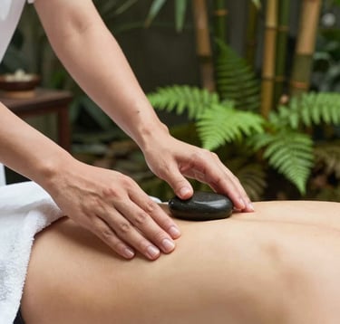 Close-up photography of a professional massage therapy session in a serene spa in Bandung, West Java. Hands are applying smooth, warm stones to a back. The background features blurred lush green ferns and bamboo, creating a botanical sanctuary feel.