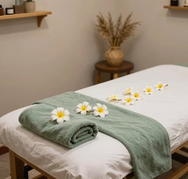 Tranquil treatment room interior in Bandung, West Java, Indonesia, featuring a massage table decorated with fresh frangipani flowers, sage green linen towels, and bamboo decor.