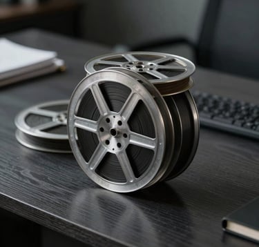 A polished close-up shot of a classic film canister and reels on a dark charcoal wooden desk in a North American / US production office. Soft slate gray side-lighting highlights the texture of the metal, creating a timeless and artistic storytelling vibe in a sophisticated, dark setting.