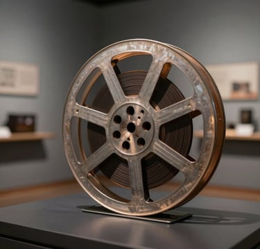 A detailed close-up of a vintage film reel resting on a dark, polished surface within a minimalist Angolana cultural archive. The lighting is soft light gray with subtle warm bronze accents hitting the metallic edges of the reel. The atmosphere is quiet, reverent, and museum-like, emphasizing memory and legacy.
