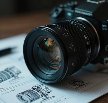 A close-up, artistic shot of a professional cinema lens focusing on a storyboard sketch. The lighting is high-contrast with teal blue highlights and charcoal shadows. The image captures the detail and precision of sophisticated video storytelling and high-quality production equipment.