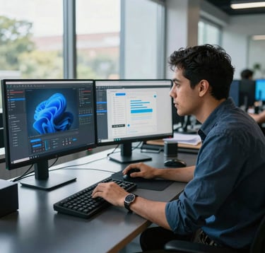 A professional software developer and UI designer working together in a high-tech studio in a Latin American / Hispanic Enterprise setting. Natural light filtering through floor-to-ceiling windows onto dark slate desks with dual monitors showing digital interfaces. Vivid electric blue accents create a modern visual highlight.