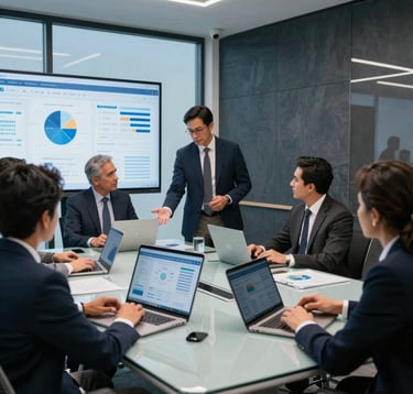 A dynamic scene in a Latin American / Hispanic Enterprise corporate conference room. Strategic consultants and recruiters reviewing analytics dashboards on modern glass tables. Bright sky blue details contrast with dark slate wall panels and modern minimalist decor.