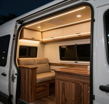 Night-time interior shot of a camper van with warm, golden LED lighting strips integrated into Mist White ceiling panels, casting a soft glow on the Deep Walnut Brown furniture.