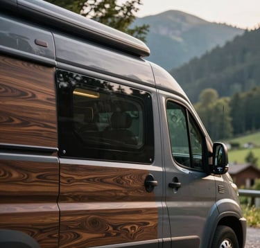 Close-up of a high-end camper van exterior with deep walnut brown wooden detailing and charcoal black accents, parked in a lush European / Spanish mountain forest. Soft morning light filtering through the trees.