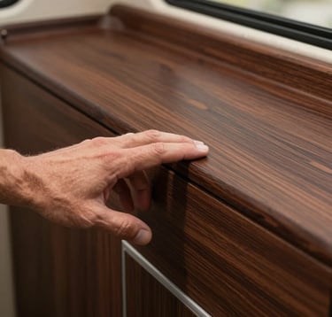 Close-up detail of a European / Spanish master craftsman's hand touching a smooth deep cocoa brown wood finish in a camper van. Professional studio lighting highlights the texture and premium quality.