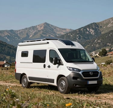 A customized Bullcamper van with a Mist White exterior parked in a remote, beautiful European / Spanish mountain meadow. Solar panels are visible on the roof under a clear sky.