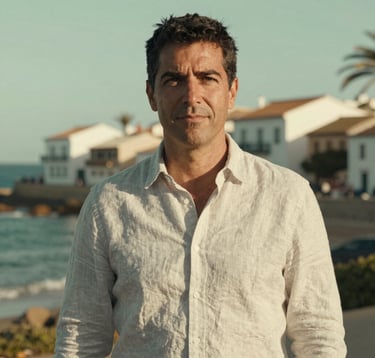 A professional portrait of a male real estate expert in his 40s wearing a high-quality linen shirt, standing in a Southern European / Spanish for Irish Clientele coastal town. He has a welcoming yet serious expression. The lighting is warm and natural, featuring soft mint and sage green tones in the background.