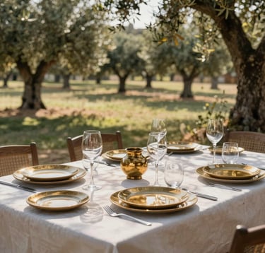 A beautifully arranged table for an al fresco lunch on a stone terrace, overlooking an olive grove in a Southern European / Spanish for Irish Clientele estate. Elegant glassware and Golden Bronze ceramic plates. Soft, dappled sunlight filtering through the trees.