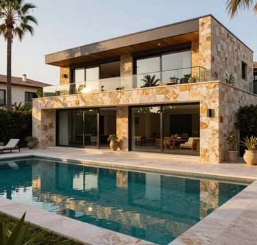 An eye-level exterior shot of a modern luxury villa in a prestigious Southern European / Spanish for Irish Clientele neighborhood. The house features stone walls in Golden Bronze and large glass panels. A pristine swimming pool reflects the Sage Green of the surrounding palm trees.