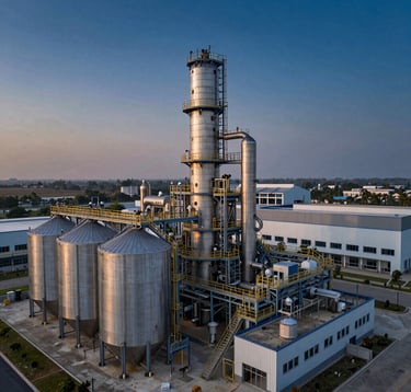 An aerial view of a state-of-the-art industrial processing facility in India at dawn. Sleek steel silos and modern architecture under a dark sapphire sky with hints of golden horizon light.