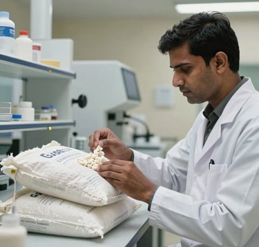 A professional South Asian / Indian technician in a modern, clinical quality-control laboratory, meticulously inspecting sacks of high-grade Guar Gum. The environment is sterile and high-tech, with soft beige lighting and gold accents on laboratory equipment.