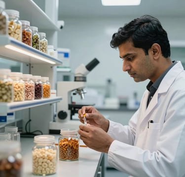 A high-end, clean-room laboratory setting where a professional in a modern South Asian / Indian facility is inspecting premium food ingredients. The lighting is bright and clinical, with subtle gold accents in the equipment to match the brand identity.