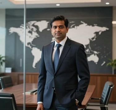 A professional South Asian / Indian executive in a sharp dark navy suit standing in a glass-walled boardroom. In the background, a world map is visible on a dark panel. The lighting is soft, professional, and corporate.